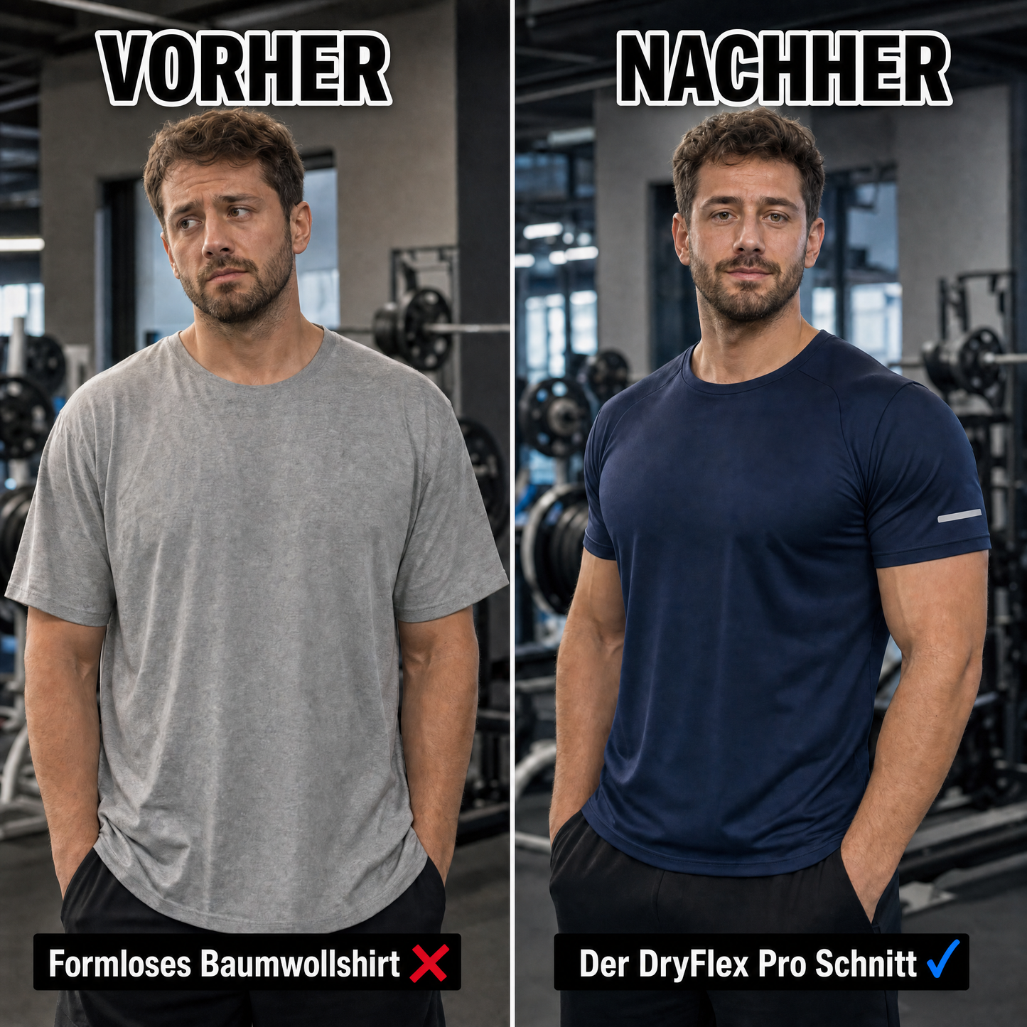 Vorher-Nachher: formloses Baumwollshirt vs DryFlex Pro Schnitt