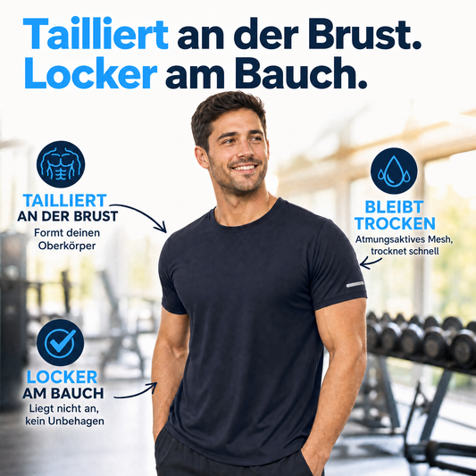 Tailliert an der Brust, locker am Bauch — DryFlex Pro Infografik