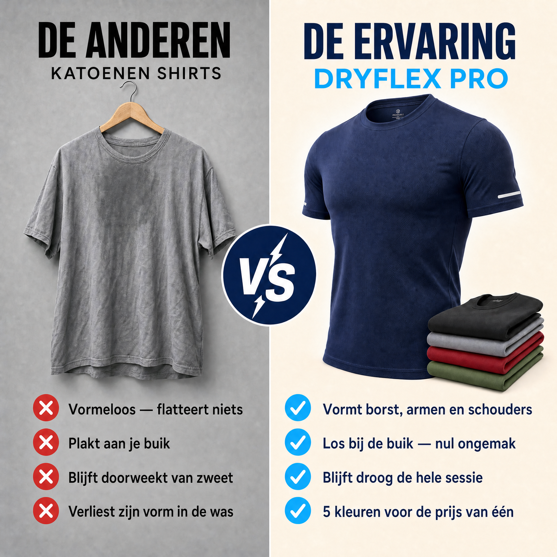 Katoenen shirts vs DryFlex Pro — vergelijking
